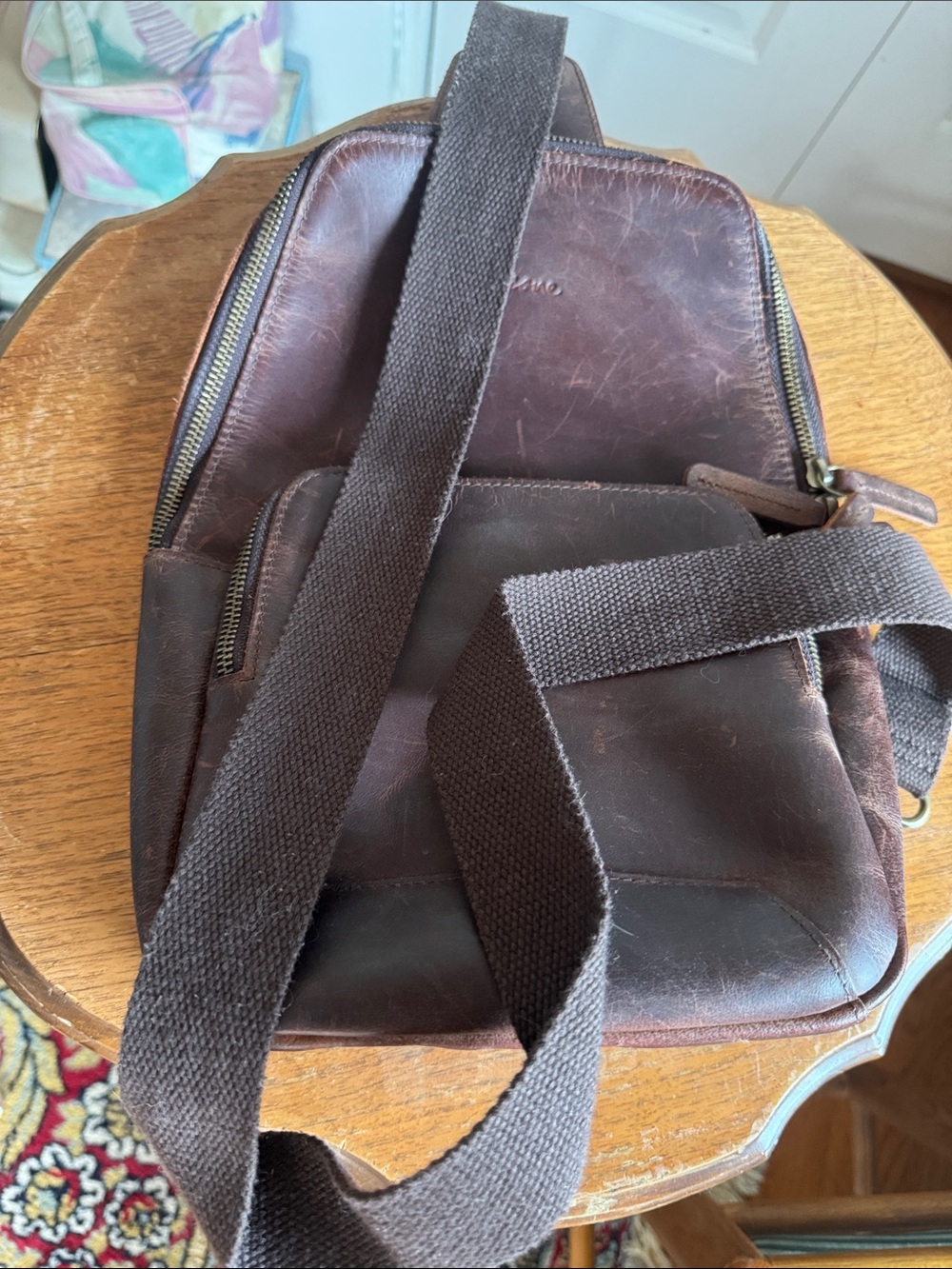 Vintage Brown Distressed Crazy Horse Leather Sling Bag Crossbody Canvas Strap
